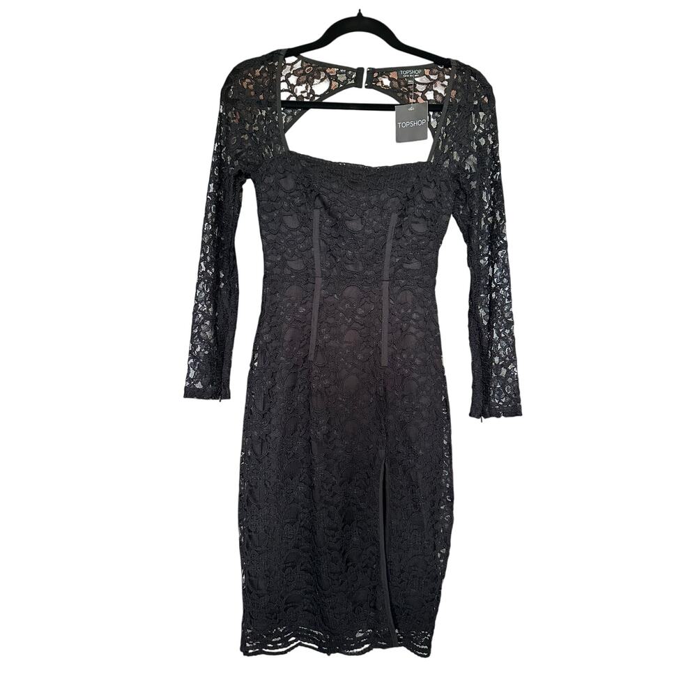 NWT Topshop Black Lace Pencil Dress with Zipper Sleeves Size 2